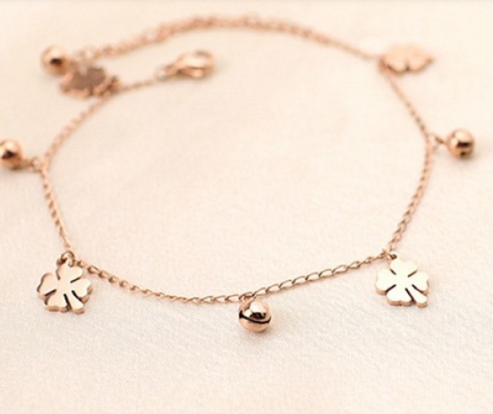 Lắc chân bạc nữ đẹp hình cỏ 4 lá xi vàng hồng