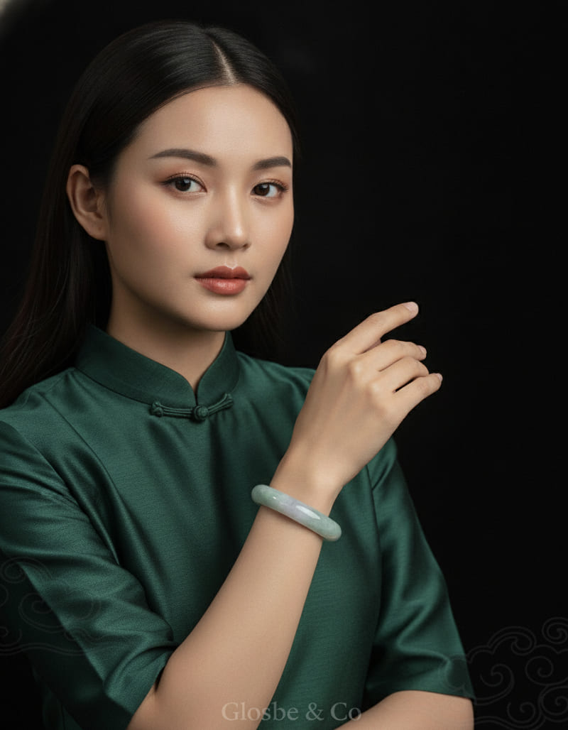 Thiết kế vòng bản hẹ phỉ thúy với mặt trong mài phẳng đẹp và sang trọng.